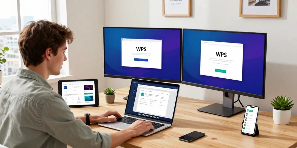 Exciting WPS Download experience in a modern home office setup with laptop, tablet, and vibrant interface.