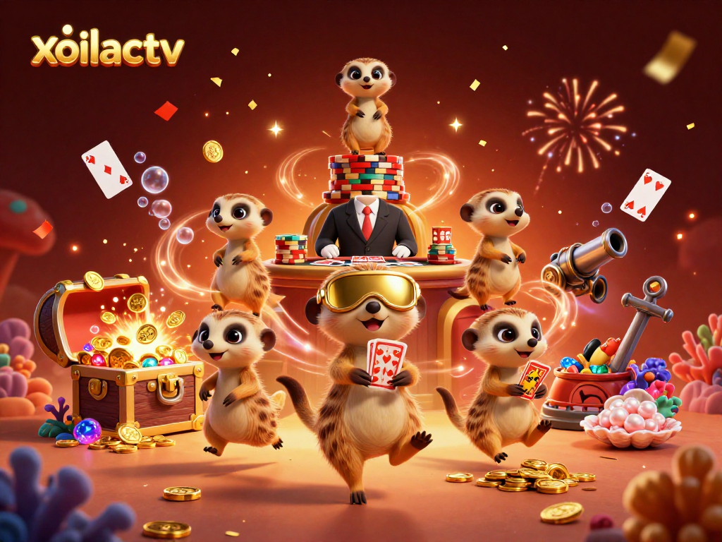 Experience the lively xoilactv casino scene with animated meerkats amid celebration and games.