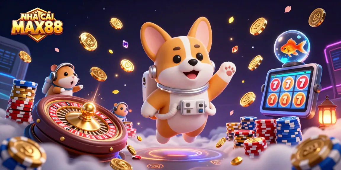 Engaging scene depicting NHÀ CÁI MAX88's vibrant online casino universe with a 3D cartoon astronaut corgi and more.