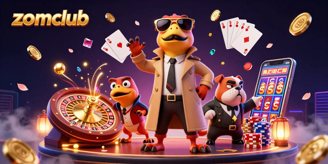 Zomclub features three cartoon raptors sneaking into a VIP casino with a bouncer, surrounded by coins and gaming elements.