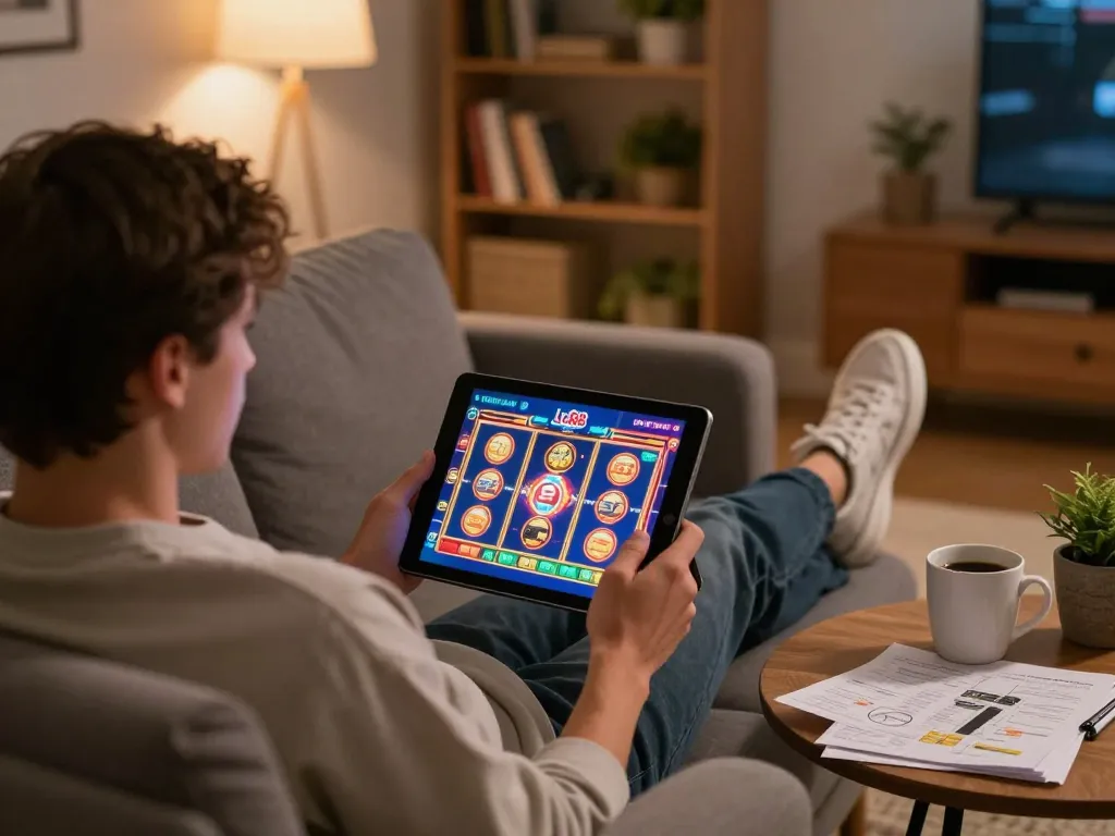 Engaging with Lu88 com for online slots in a cozy home setting, showcasing responsible gaming.