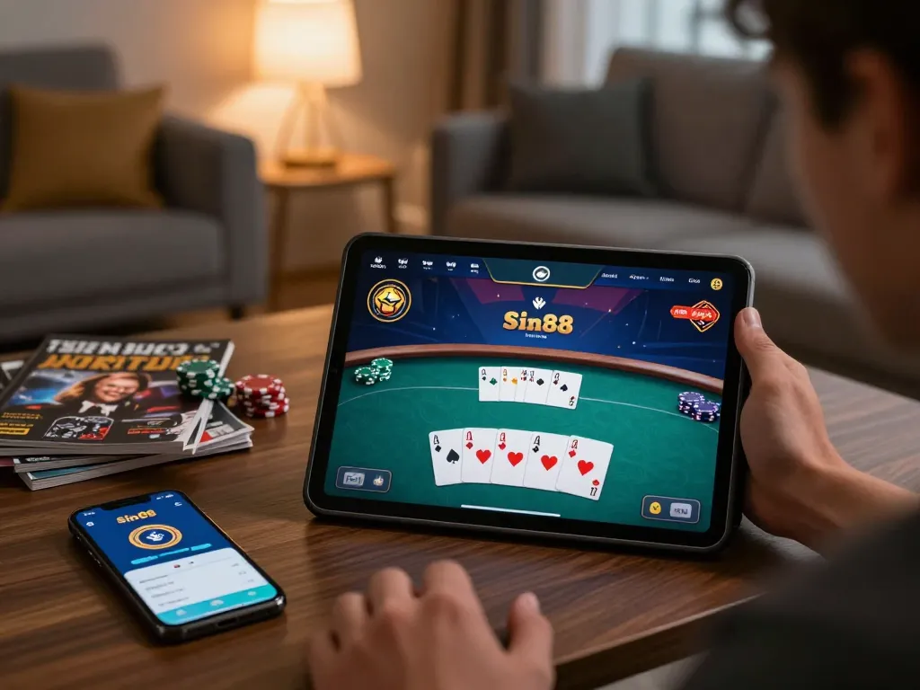 Engaging online poker game with sin88 app displayed on tablet, creating a cozy home gaming atmosphere.