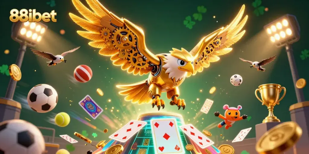 Engage in thrilling online gaming with 88ibet, featuring a vibrant 3D scene of a cybernetic eagle amidst holographic cards and sports elements.