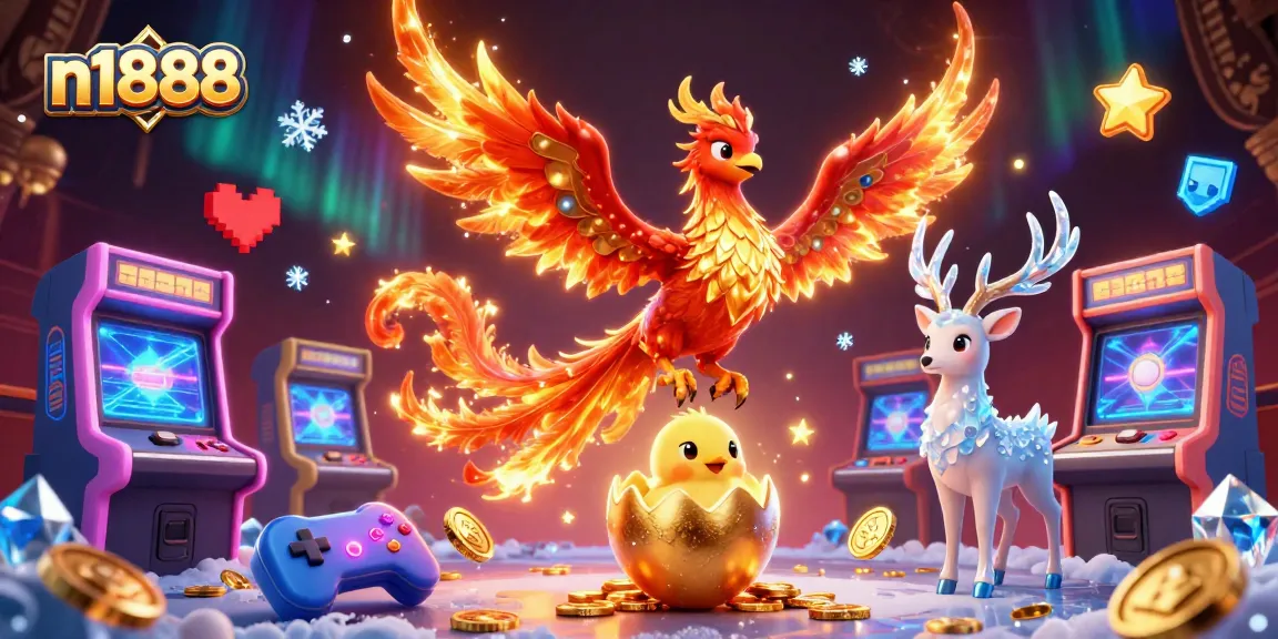 Cash in big at n1888 with the phoenix symbolizing wealth and luck amidst playful gaming elements.
