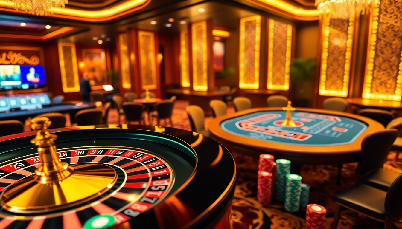 Experience high-stakes online gaming at https://8live.date/ with a luxurious casino scene showcasing roulette and poker tables.