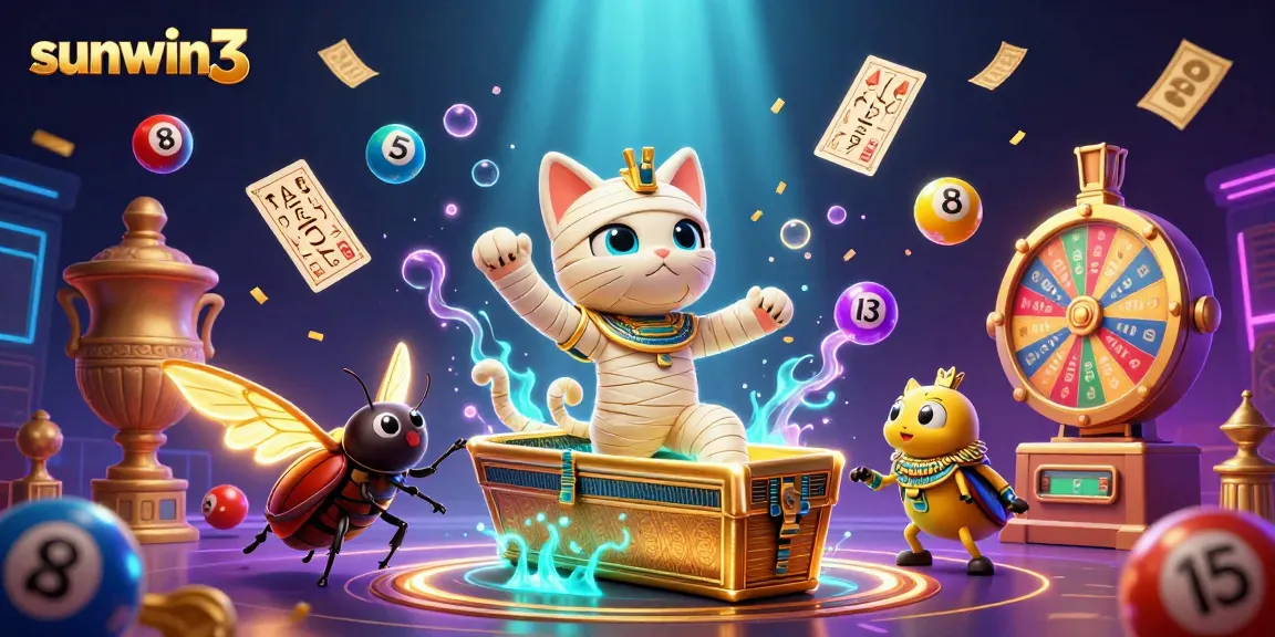 Engage in winning thrills with sunwin3 at the pyramid casino featuring a cartoon Egyptian mummy cat.