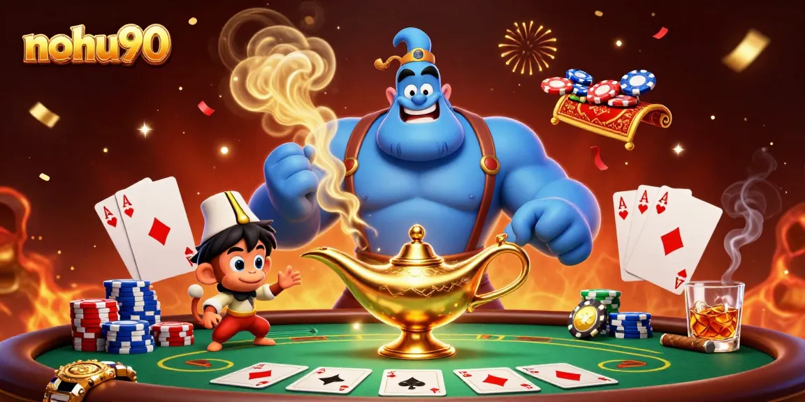 Experience the excitement with nohu90 as a genie bursts through a poker-themed scene filled with vibrant casino elements.