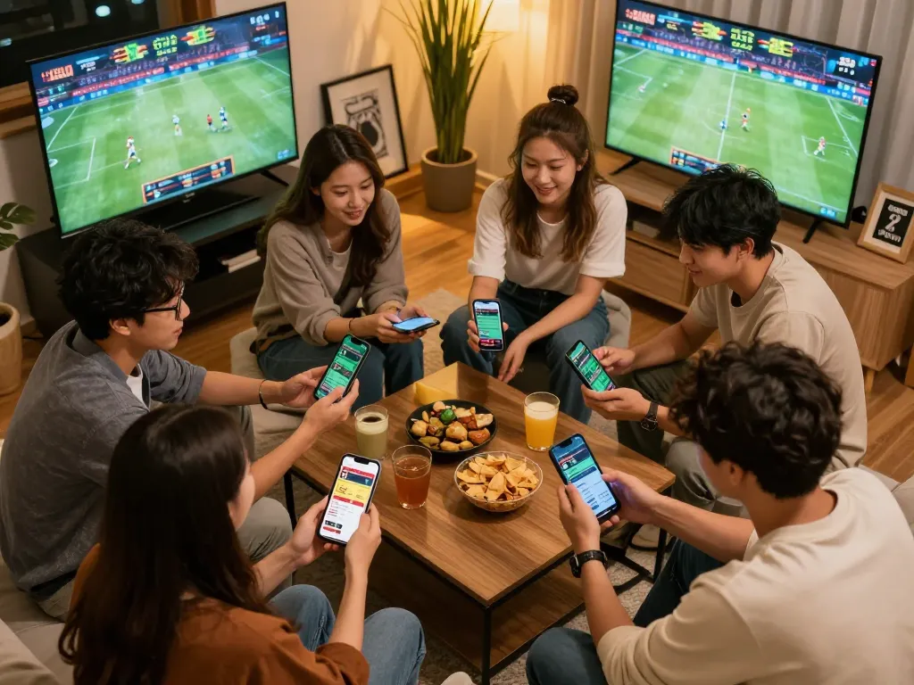 Friends engaging in sports betting with sc8888 app on their smartphones, surrounded by snacks and excitement.