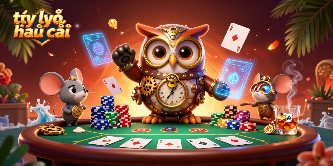 Visualize tỷ lệ nhà cái activity with a whimsical owl, poker elements, and vibrant casino scene.