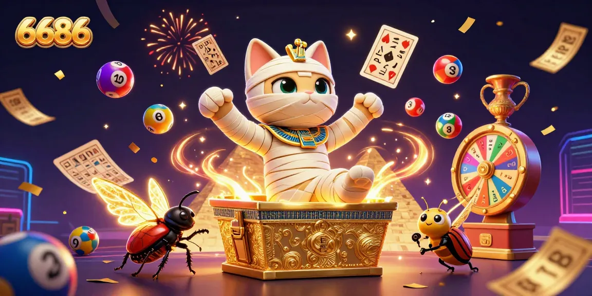 Experience thrilling gameplay with 6686, featuring a vibrant Egyptian mummy cat bursting forth in a dynamic casino scene.