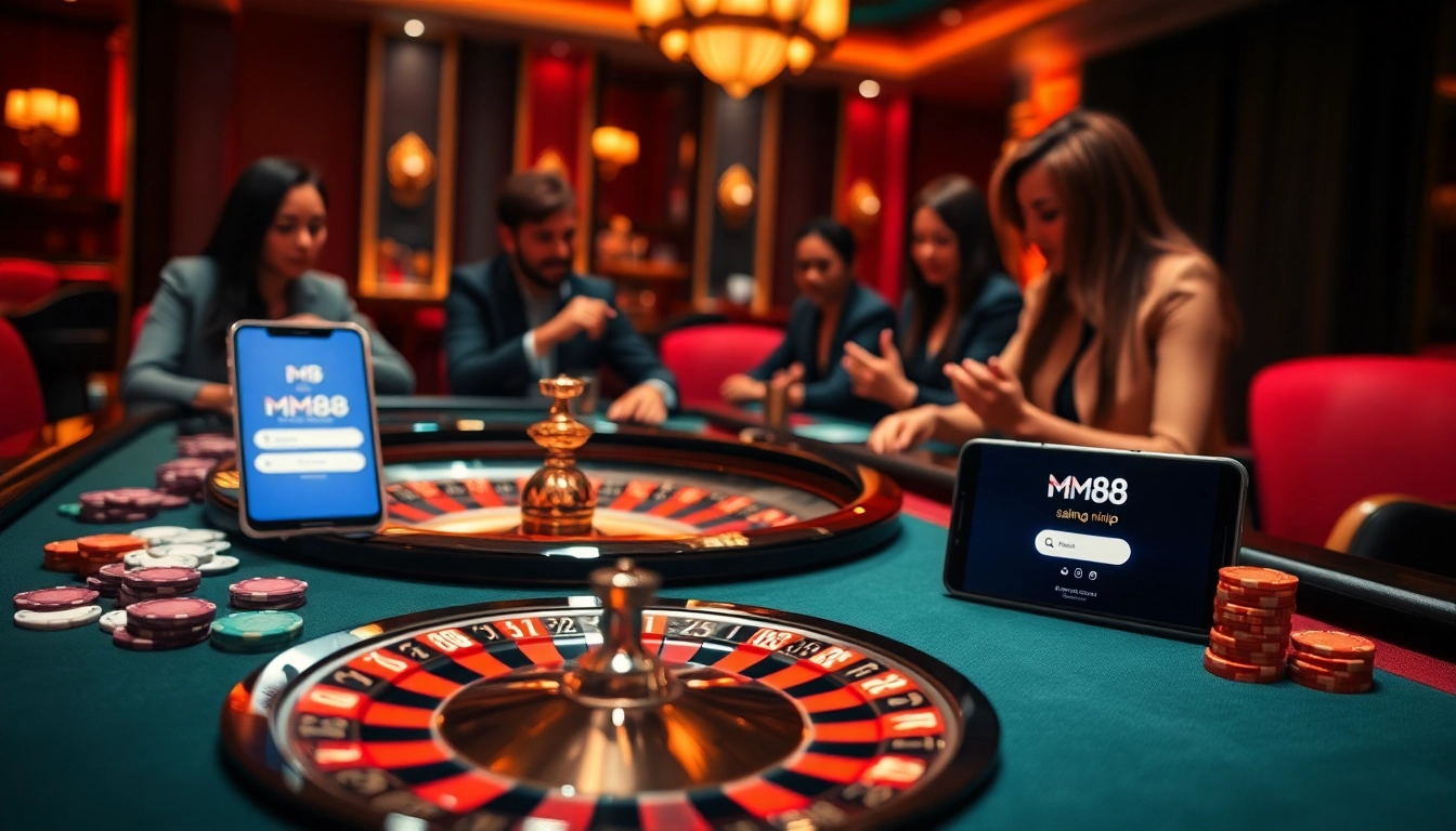 Experience the thrill of mm88 đăng nhập at a luxurious casino with vibrant gaming tables and a roulette wheel.