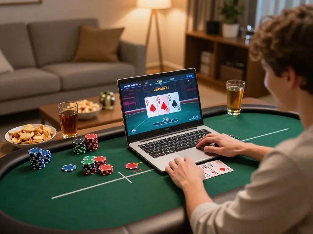 Person enjoying online poker at home using https://uu88vn.com/ with colorful poker chips and cozy atmosphere.