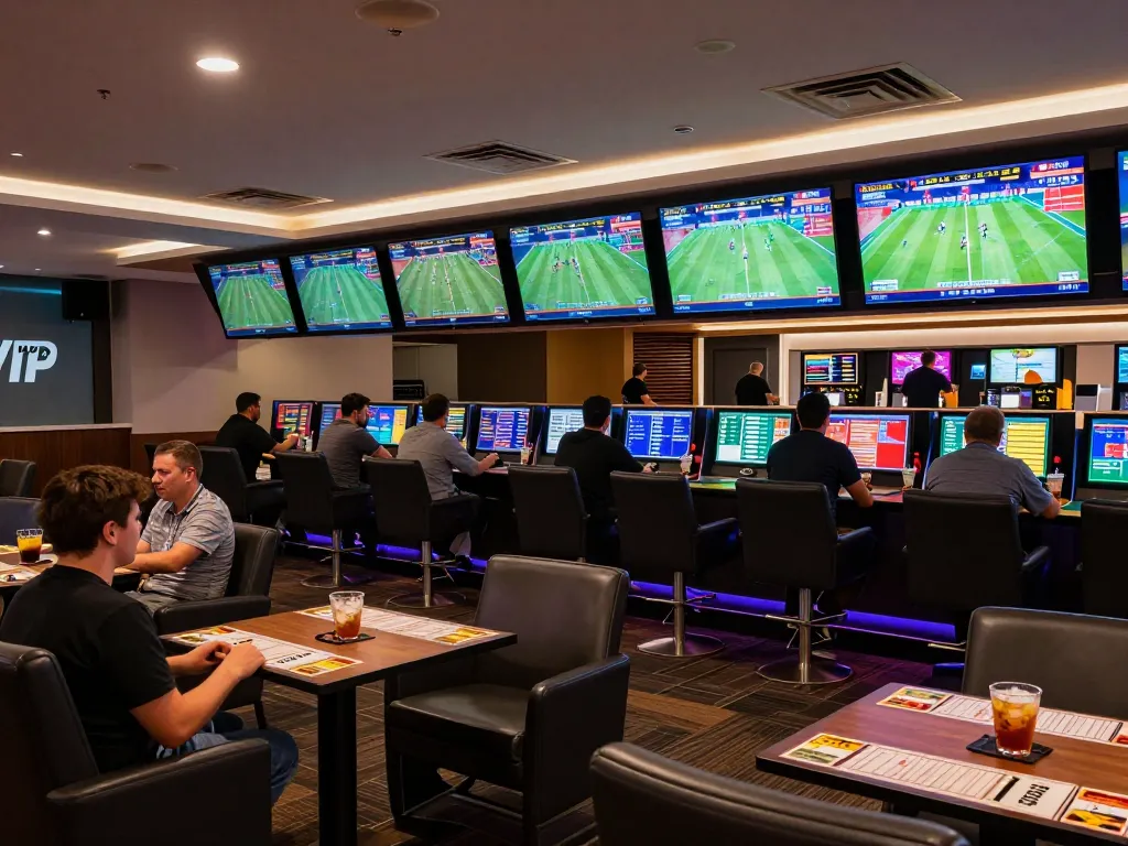 PHPVIP sportsbook excitedly hosting live sports betting with engaged players and dynamic viewing screens.