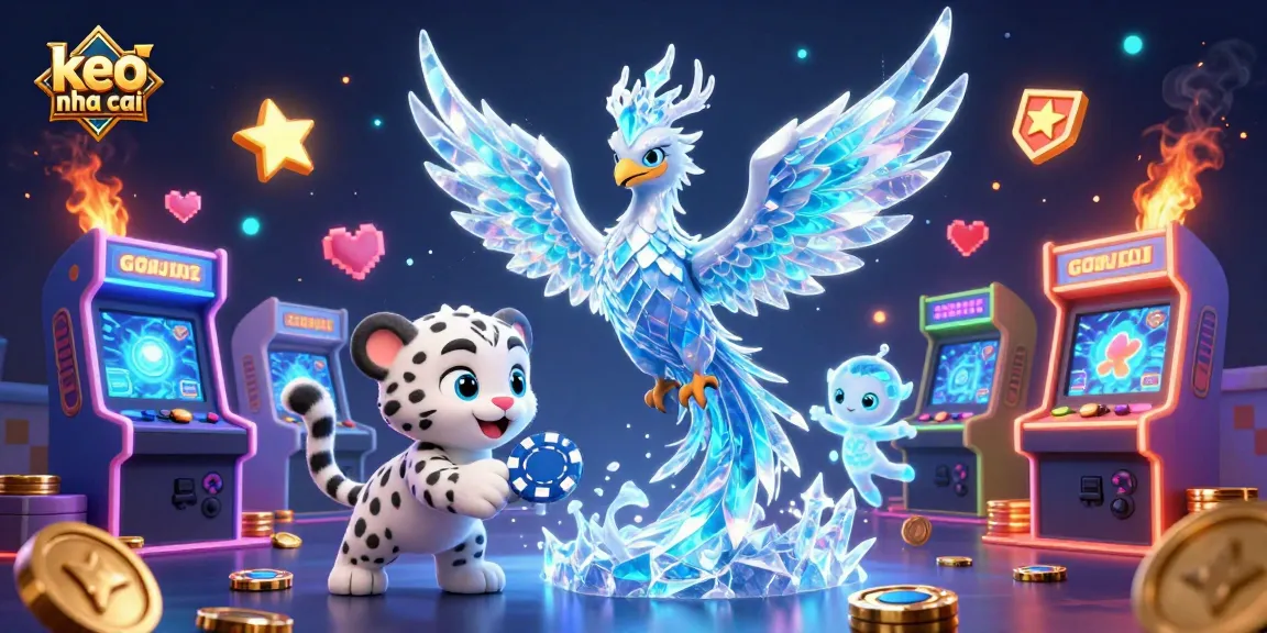 Engage in thrilling bets with keo nha cai while colorful 3D arcade machines and an ice phoenix illuminate the scene.
