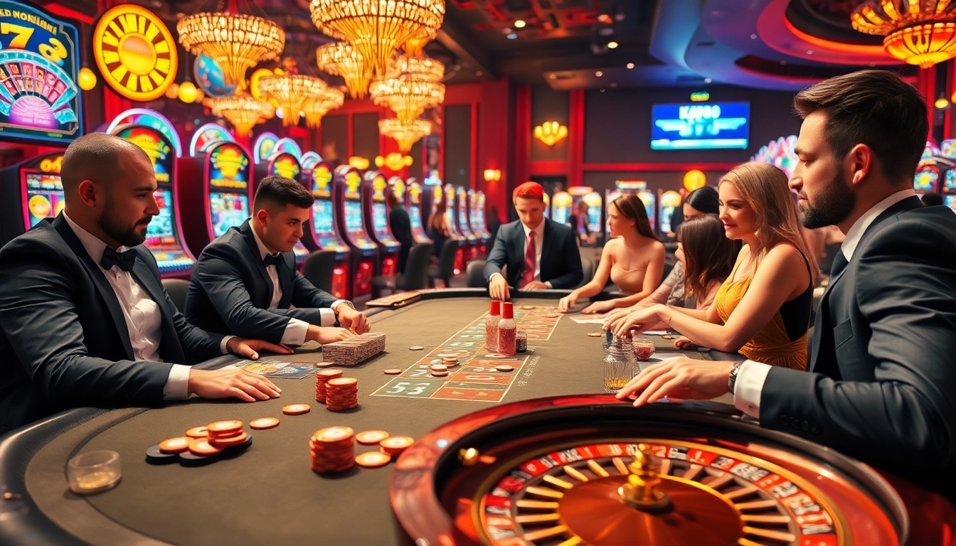 High-stakes gambling scene showcasing kp88 link excitement with poker, roulette, and slot machines.