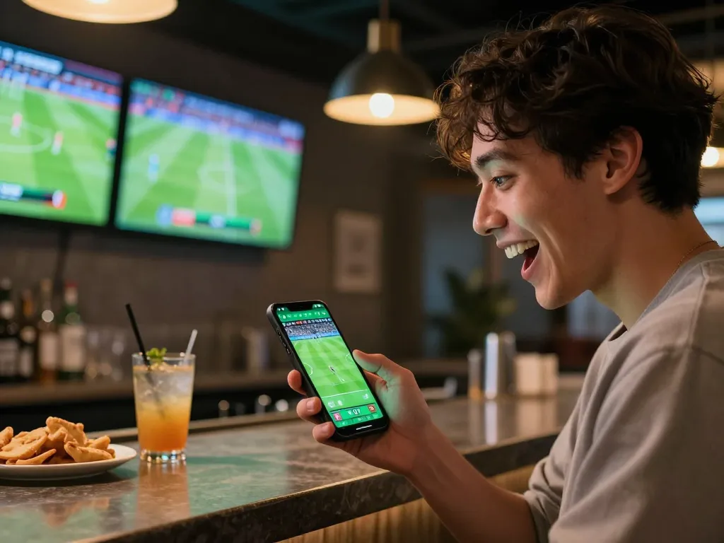 Socolive user placing live sports bets using smartphone app during an exciting match.