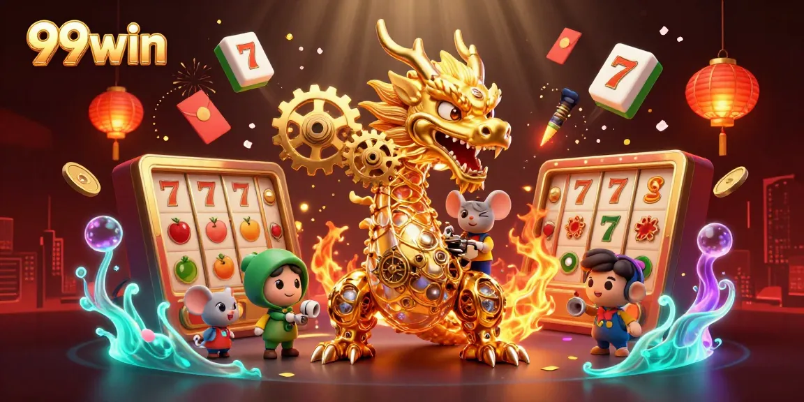 Engage with the exciting world of 99win, featuring a dynamic 3D casino illustration of spinning slot reels and a golden dragon.