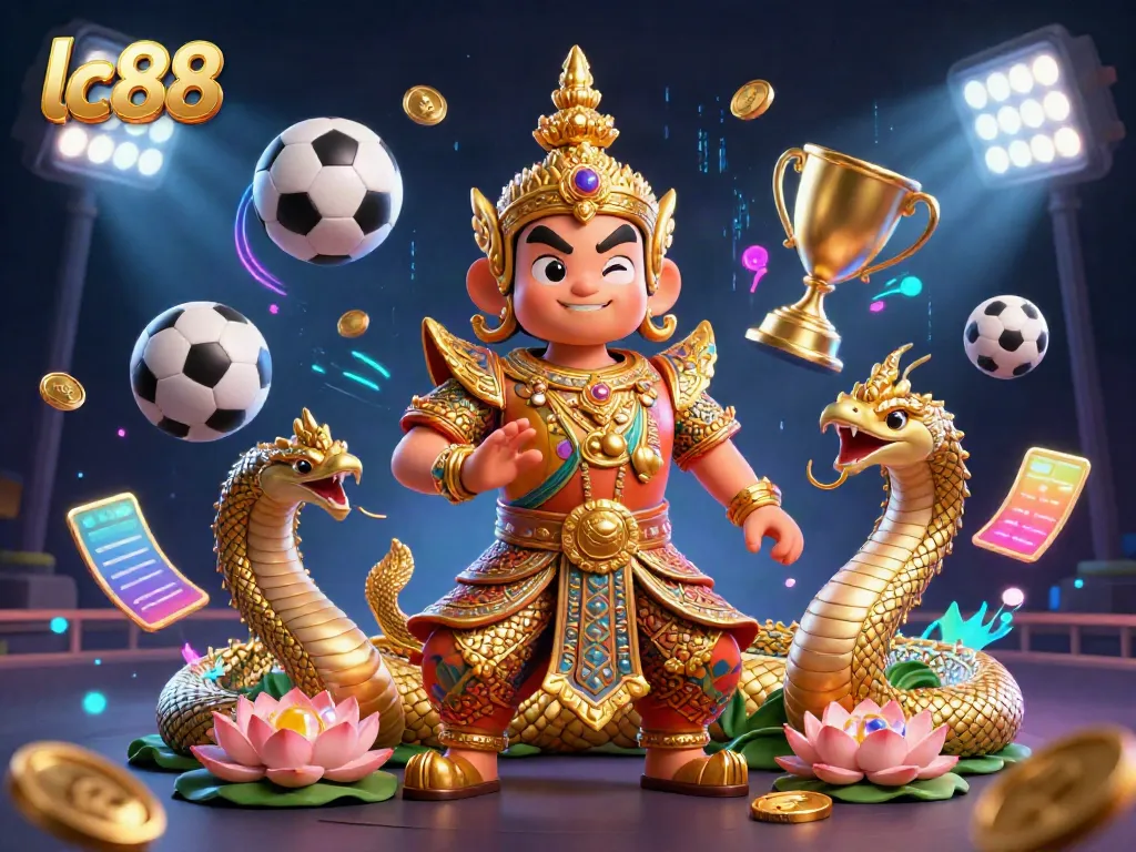 Experience the vibrant energy of lc88 with dynamic sports elements and a striking Thai guardian in this casino-themed illustration.