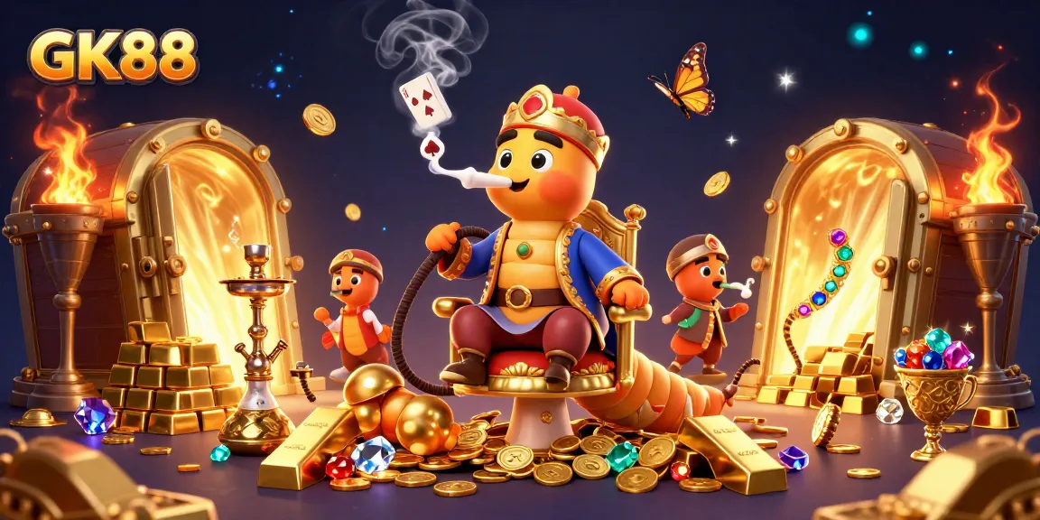 Experience the excitement of GK88 with a vibrant casino scene featuring treasure and playful characters.