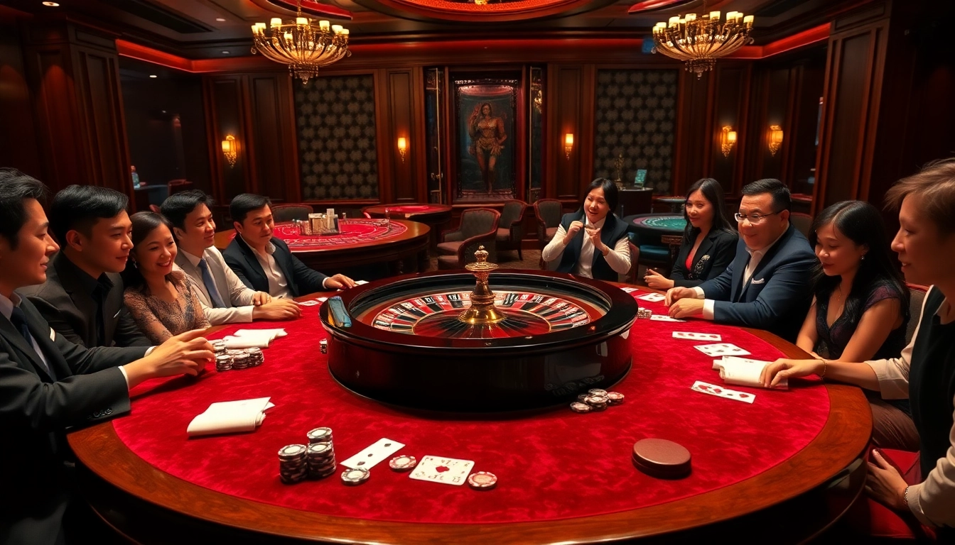 Excited players enjoying games at a nhà cái uy tín casino, with poker chips and roulette.