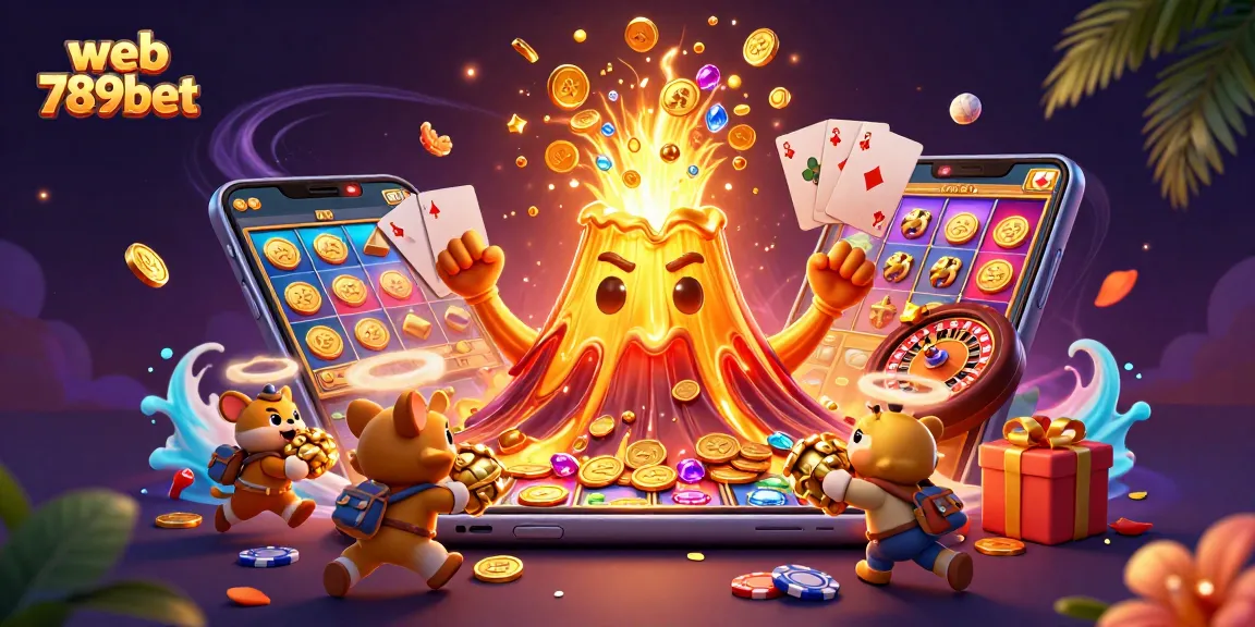 Engage in thrilling adventures at web 789bet with a dynamic illustration featuring a golden volcano and treasure.