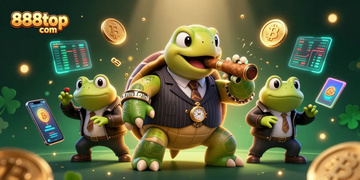 Engage with 888top com in a vibrant casino scene featuring a mobster turtle and bullfrog enforcers.