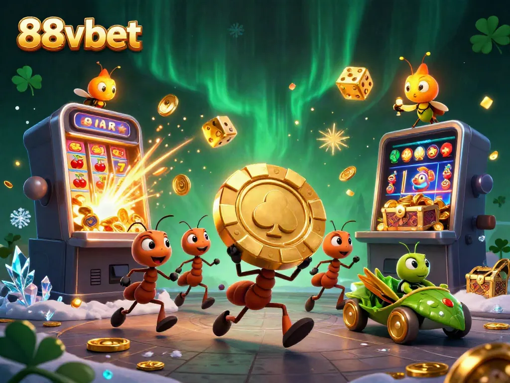 Engage with thrilling 88vbet gaming action showcasing cartoon ants stealing a giant poker chip amidst casino elements.