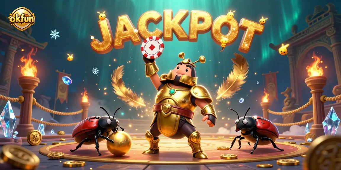 Experience the thrill of okfun casino with vibrant characters and an exciting jackpot display.
