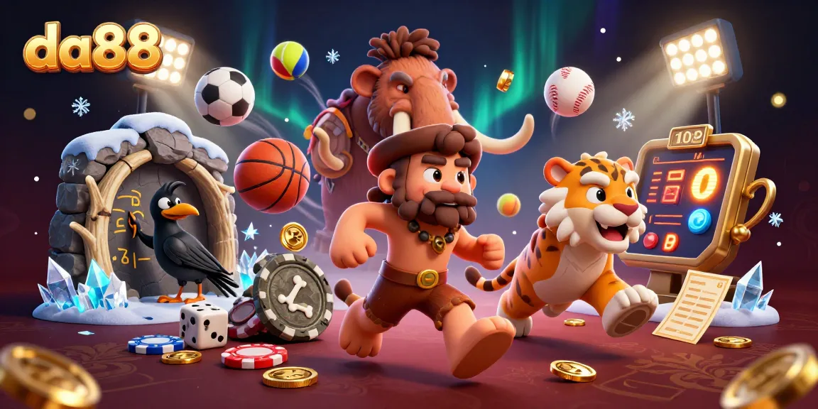 Play thrilling games at da88, where the lively caveman duo and sabertooth tiger create an electrifying casino atmosphere.
