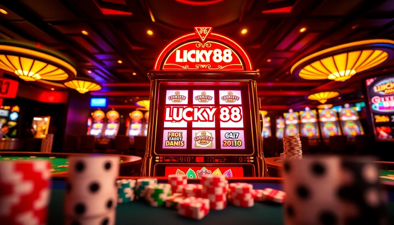Experience the excitement of LUCKY88 slot with vibrant casino elements like poker chips and dice.