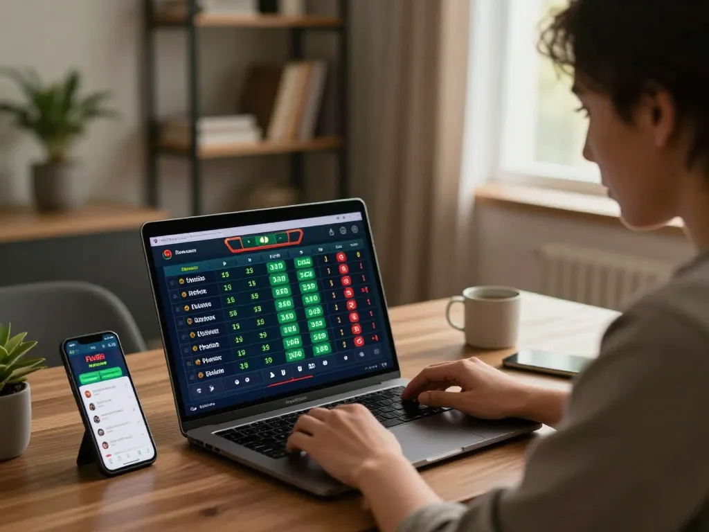 Engaged player using Fun88 app for online sports betting with laptop and smartphone interface.