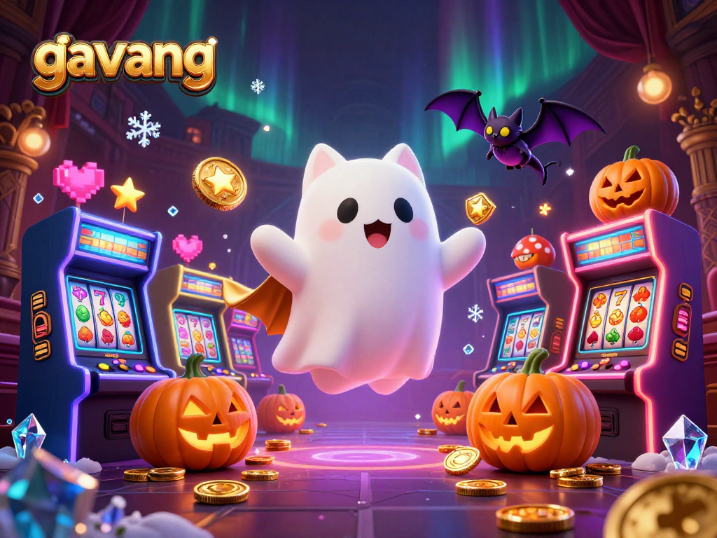 Get ready to play at Gavang with a playful ghost cat and vibrant slot machines!
