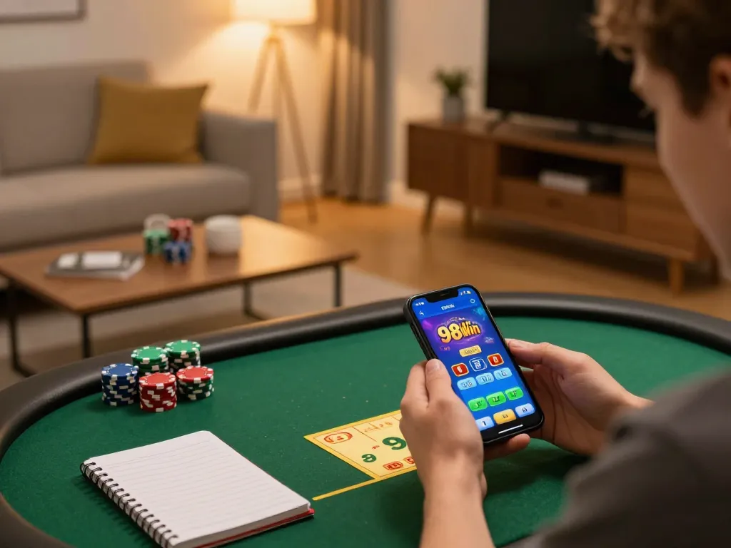Player enjoying a mobile 98win casino game on smartphone with chips and strategy notes