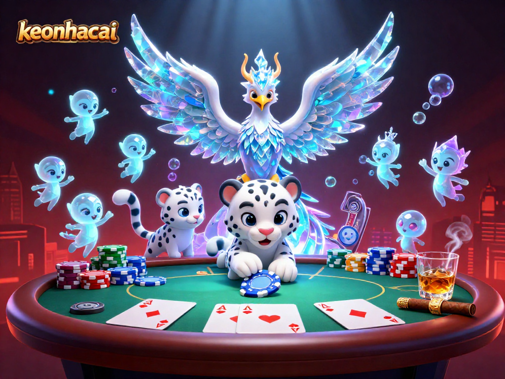 Engage in the thrilling world of keonhacai with a vibrant 3D illustration of a phoenix, poker chip, and ice sprites!