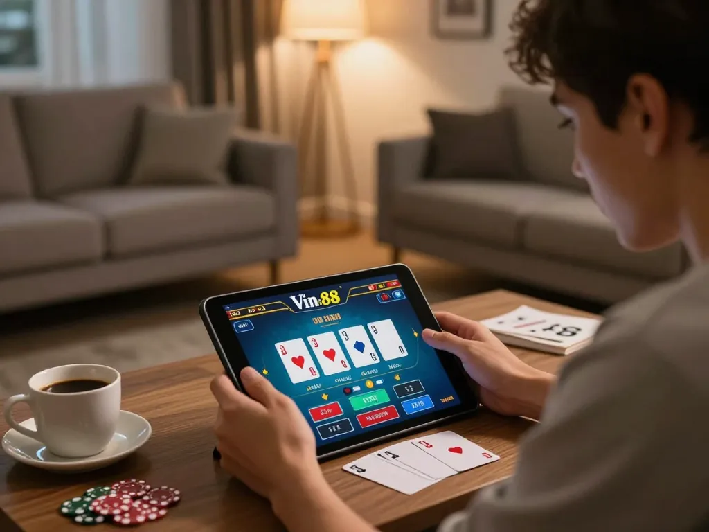 Engaging in online casino gameplay at home, showcasing Vin 88 interface and warm atmosphere.