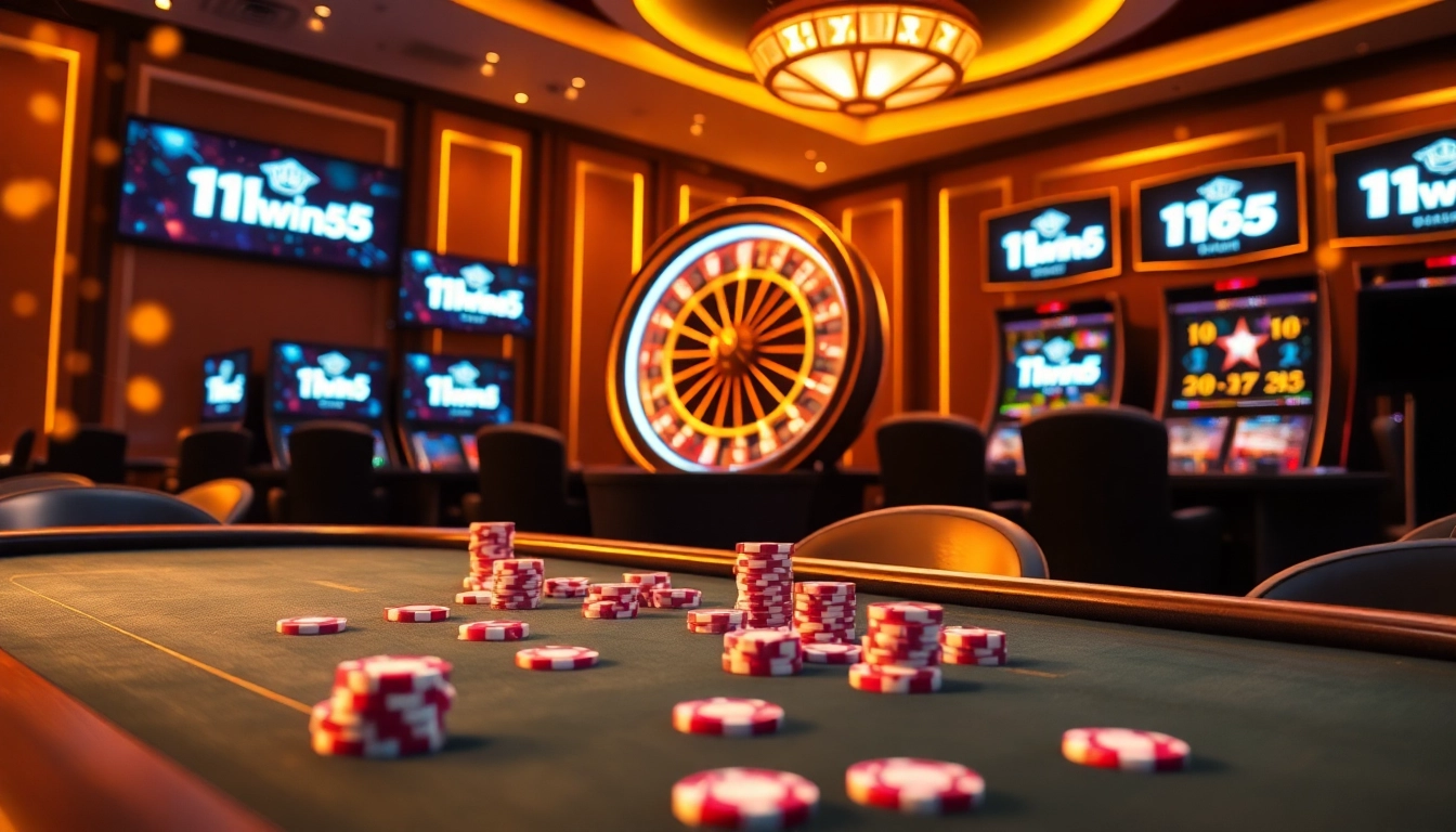 Experience the thrill of gaming at 11win55 with vibrant poker chips and a spinning roulette wheel.