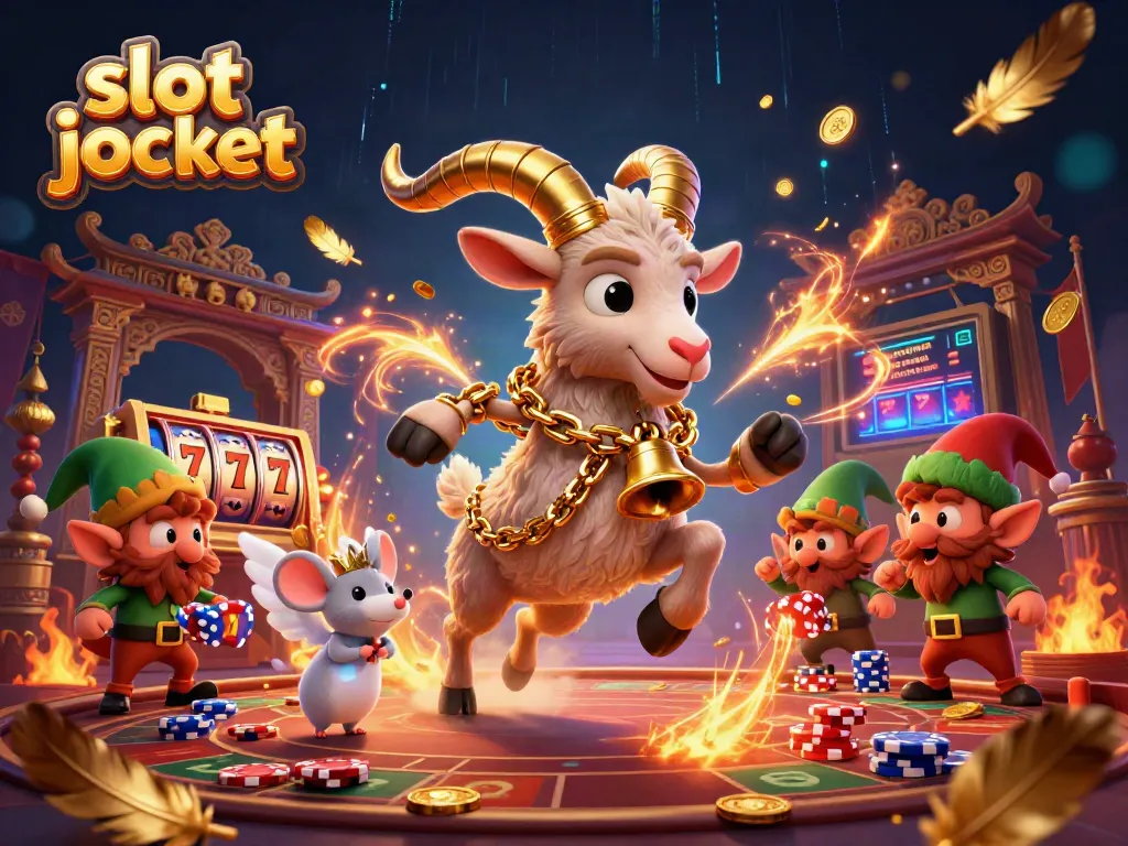 Experience the thrill of hitting a slot jackpot with festive characters in a dynamic casino scene.