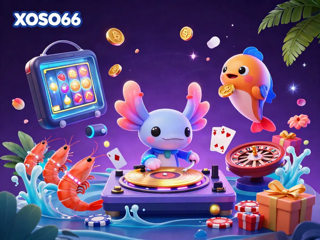 XOSO66 showcases a vibrant gaming scene with a neon axolotl DJ, dynamic game elements, and an energetic underwater atmosphere.