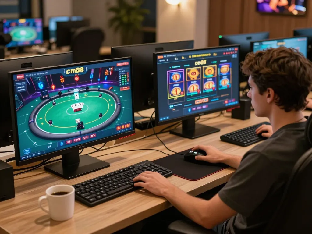 Engaging in cm88 online poker with multiple screens displaying gaming interfaces