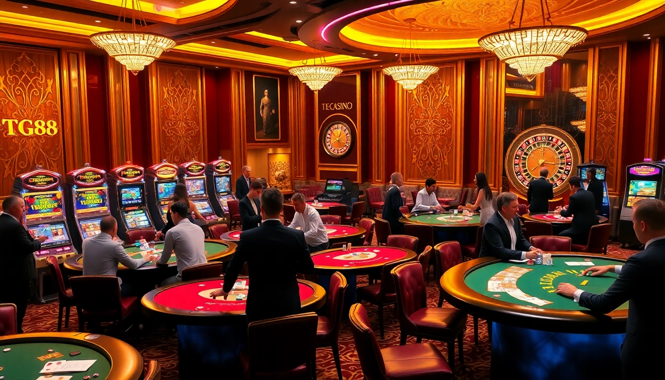 Experience the excitement of tg88 casino with players enjoying poker, roulette, and vibrant game slots.