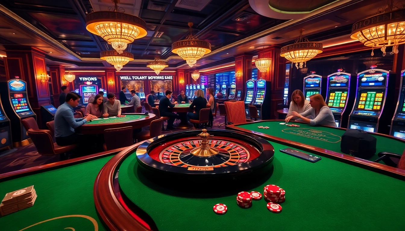 Engaging players enjoying the vibrant atmosphere at nhà cái TIP88 online casino with high-end gaming tables and roulette.