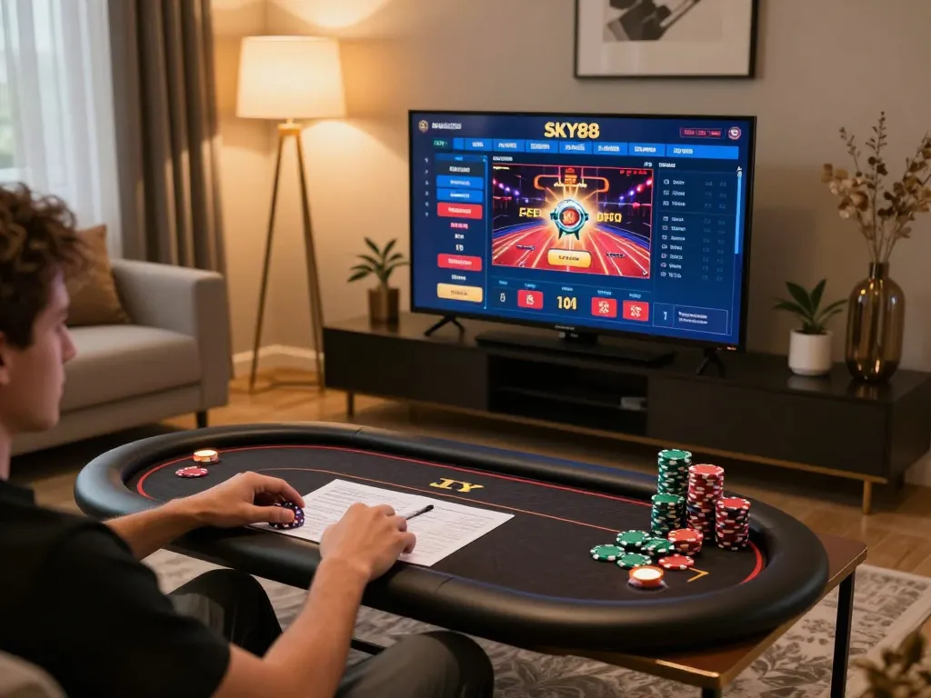 Engaging online gaming experience on https://sky888.cn.com/ with tablets showing casino gameplay and cozy home setup.