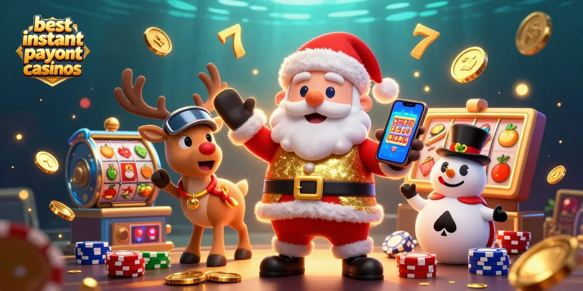 Engaging depiction of the best instant payout casinos with Santa, reindeer, and poker-themed elements in action.