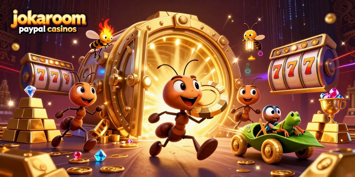 Jokaroom PayPal casinos bring excitement as cartoon ants heist a massive poker chip amidst treasure.