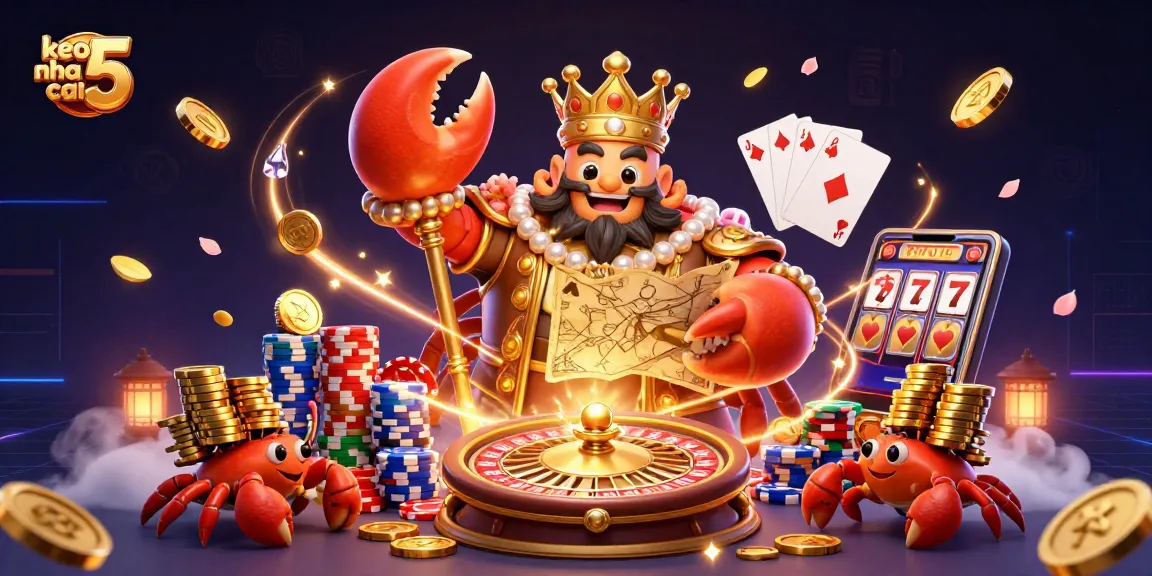 Engage with keo nha cai 5 in a vibrant casino scene featuring a golden crab emperor and dynamic elements.