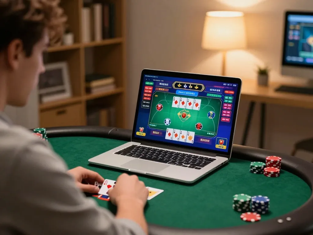 Player strategizing a game of poker on fabet platform in a cozy home office.