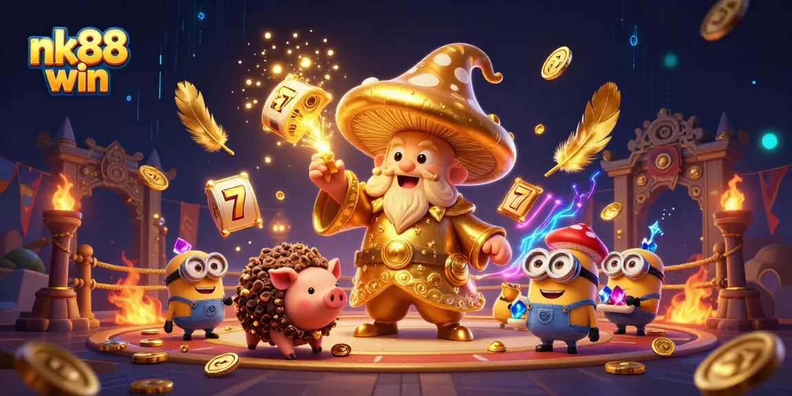 Engage in thrilling gameplay with nk88 win's magical casino scene featuring a golden mushroom wizard.