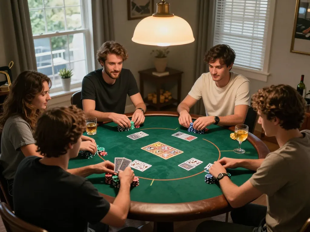 Players at a home poker night engaging in Texas Hold'em strategy with yo88 atmosphere.