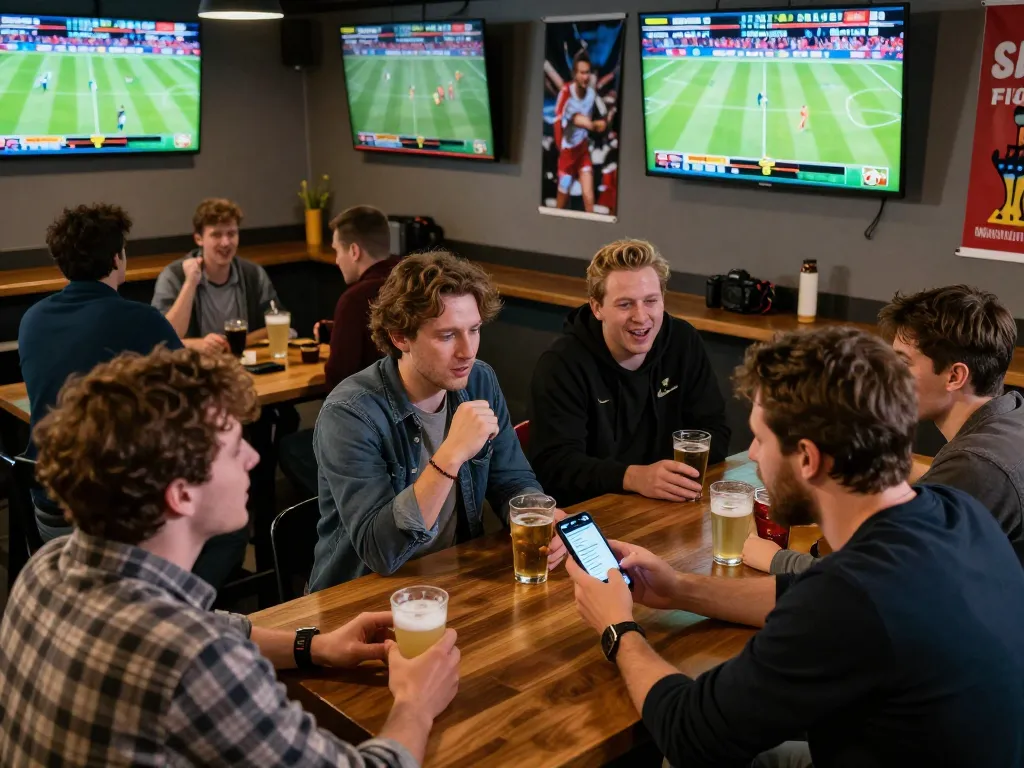 An engaging sports betting scene at https://one88.br.com/ showcasing fans immersed in live matches, mobile betting action, and lively atmosphere.