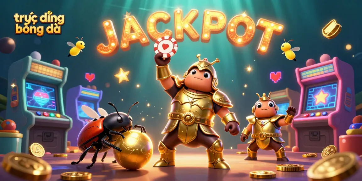 Experience trực tiếp bóng đá as the heroic beetle lifts a poker chip with vibrant gaming elements all around.